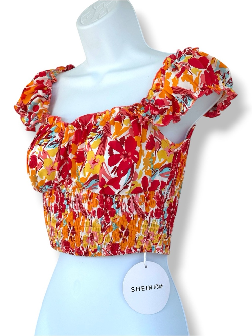 SHEIN Pink & Orange Floral Smocked Puff-Sleeve Crop Top - Picture 4 of 7